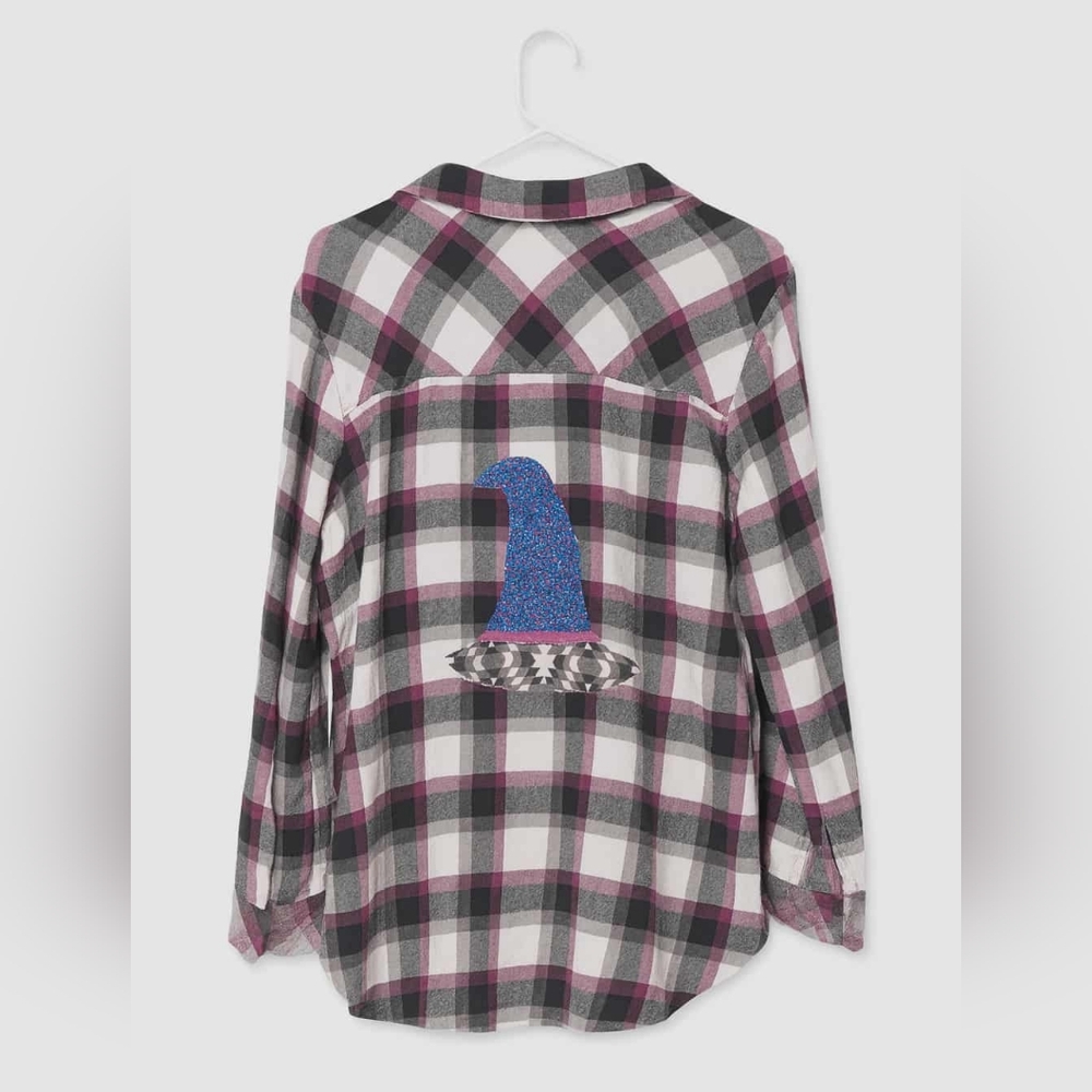 Flannel Plaid Embelleshed Shirt with Witch Hat Applique